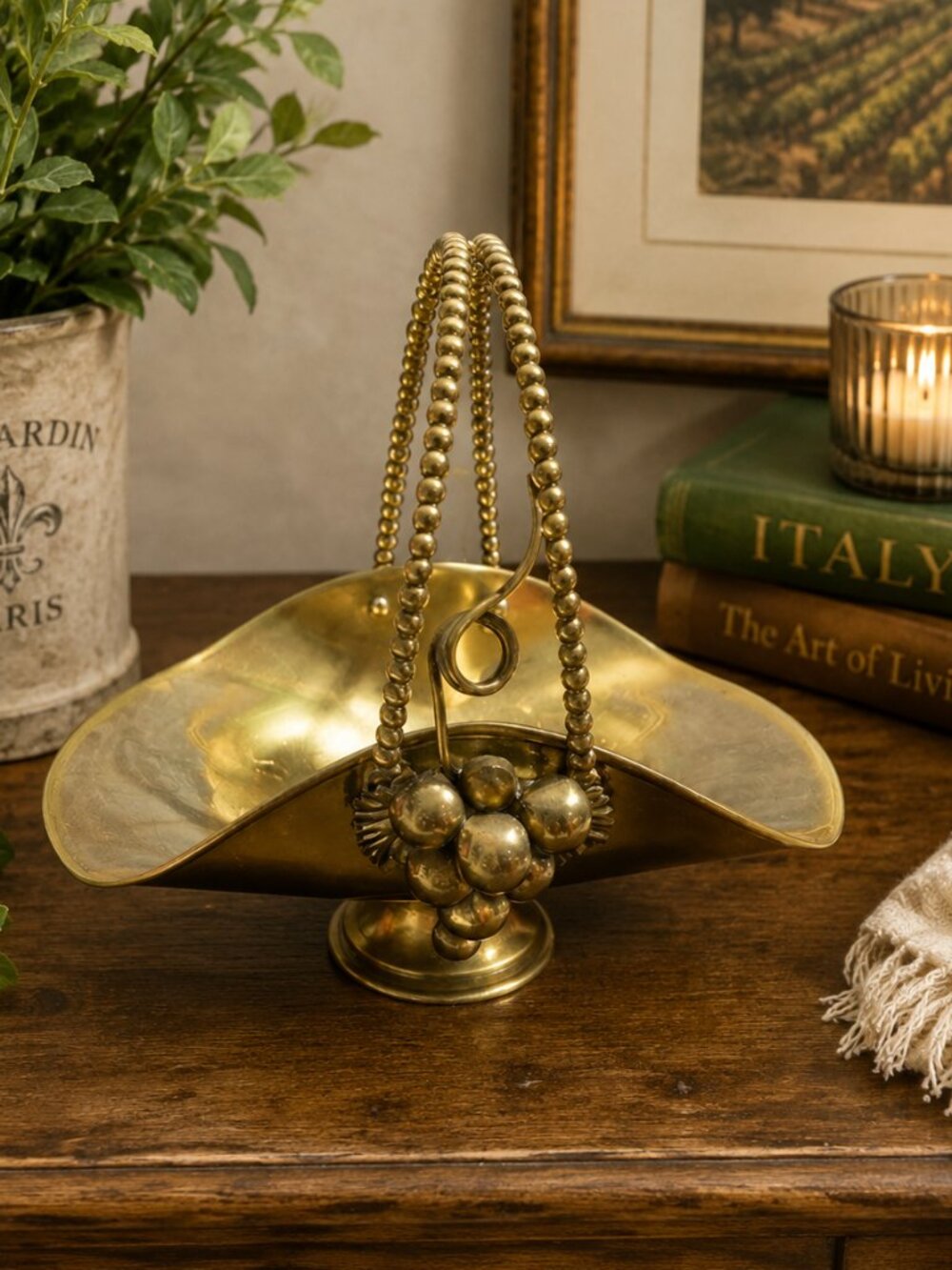 Vintage Solid Brass Italian Basket Grape Leaf Centerpiece Bowl Made in Italy 8"